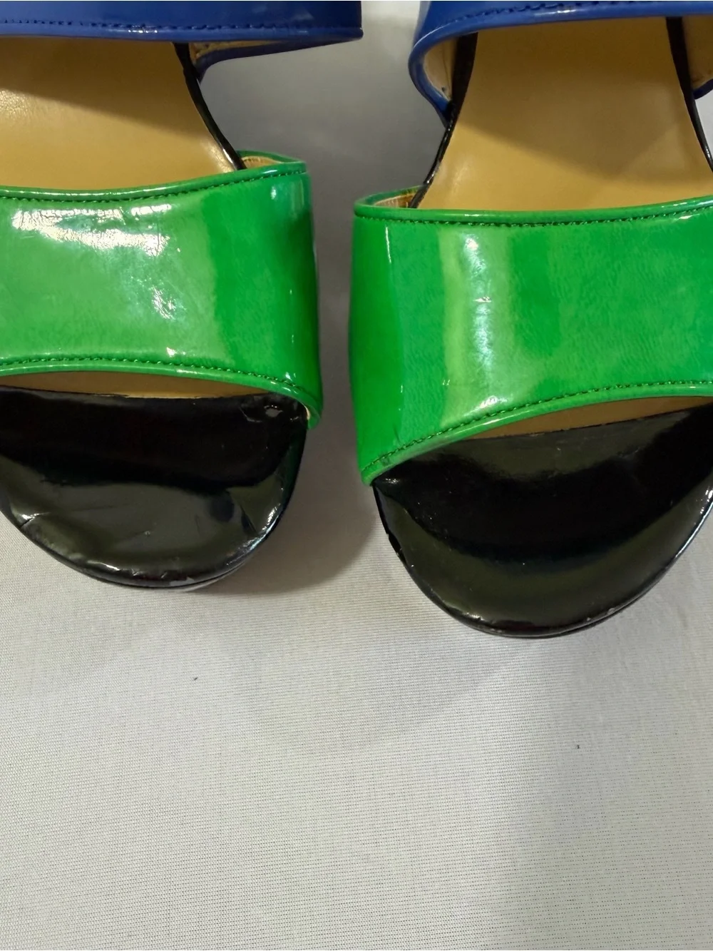 💙💚Nine West Colorblock Patent Platform Wedge Slide Sandals Blue Green Black| sz9